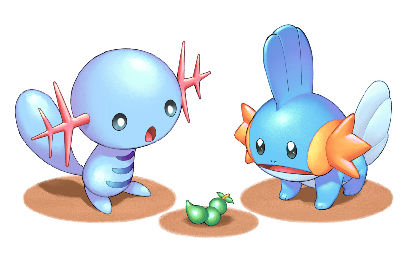 berry_(pokemon), commentary_request, gen_2_pokemon, gen_3_pokemon, highres, kashina, looking_at_object, looking_down, mudkip, no_humans, open_mouth, pokemon, pokemon_(creature), rindo_berry, standing, tongue, wooper