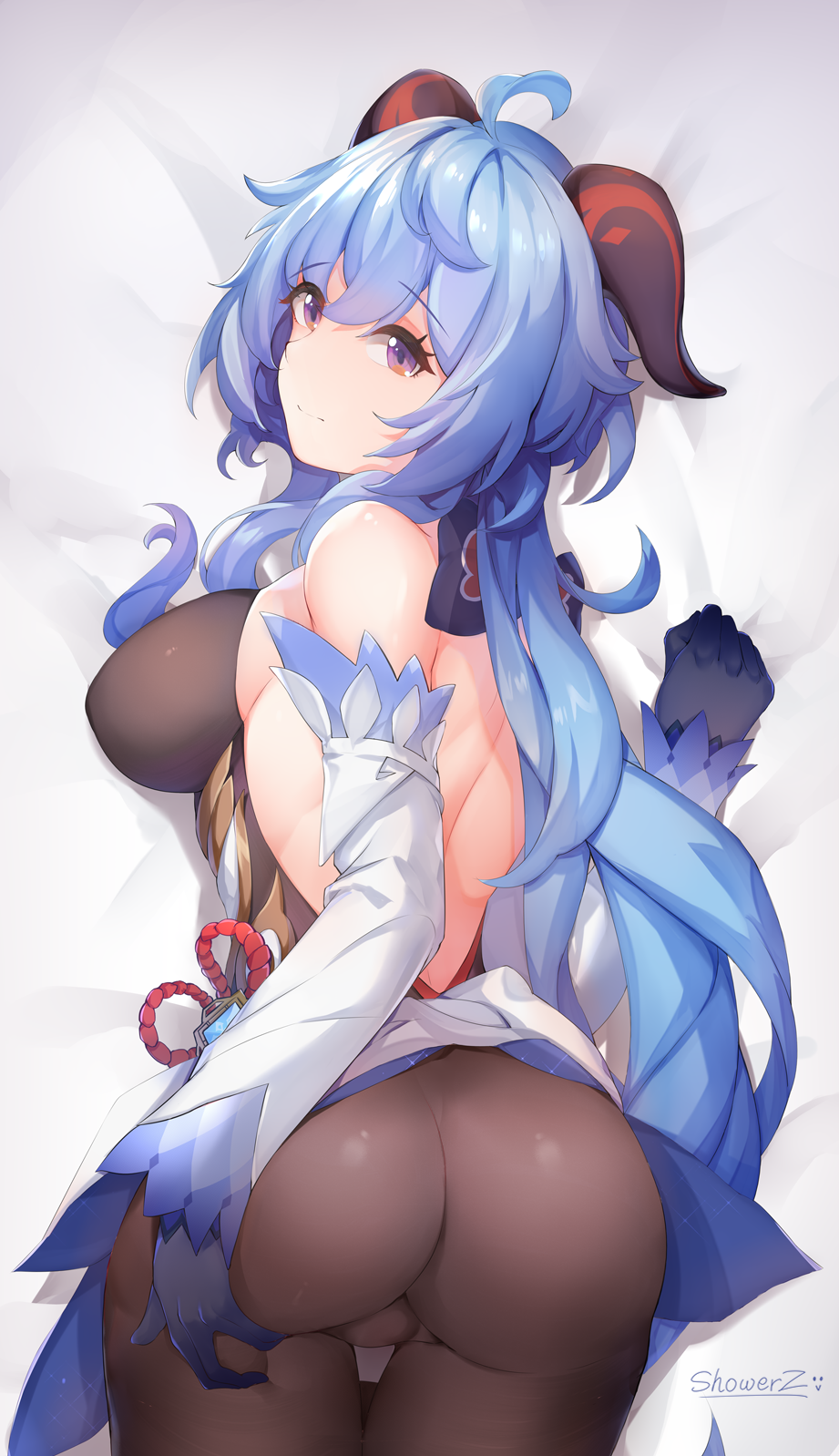 1girl, ahoge, ass, backless_outfit, bare_shoulders, bed_sheet, blue_hair, bow