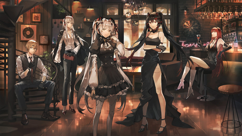 1boy, 4girls, bar, bare_legs, bare_shoulders, black_coat, black_dress, black_footwear
