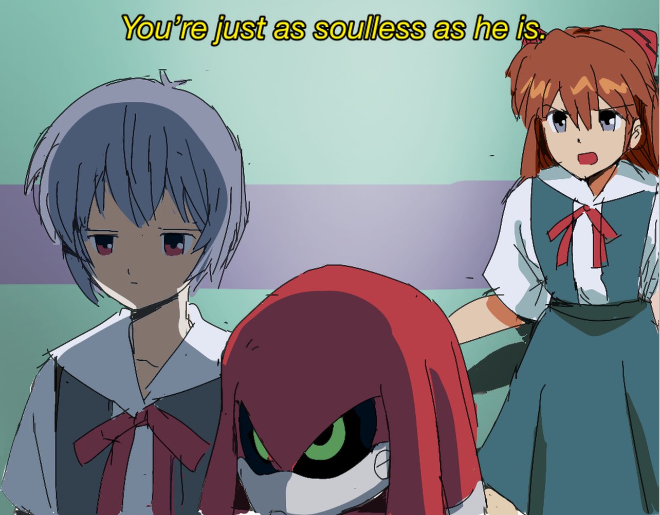 1boy, 2girls, ayanami_rei, bendedede, black_sclera, brown_hair, closed_mouth, colored_sclera