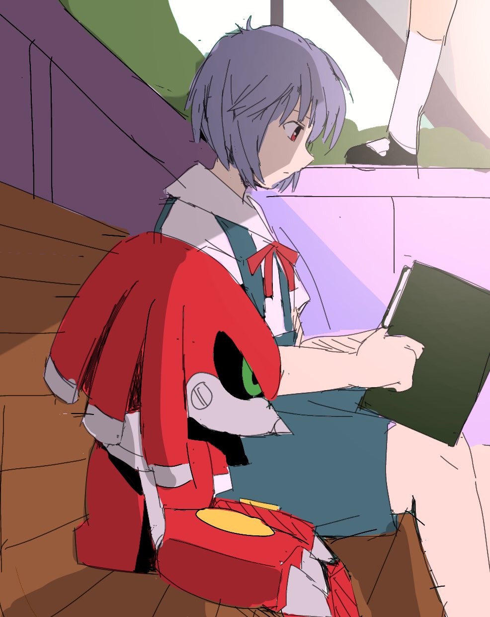 1boy, 1girl, ayanami_rei, bendedede, black_sclera, book, closed_mouth, colored_sclera