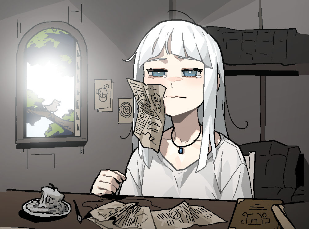 1girl, bangs, bird, blunt_bangs, book, candle, closed_mouth, fountain_pen