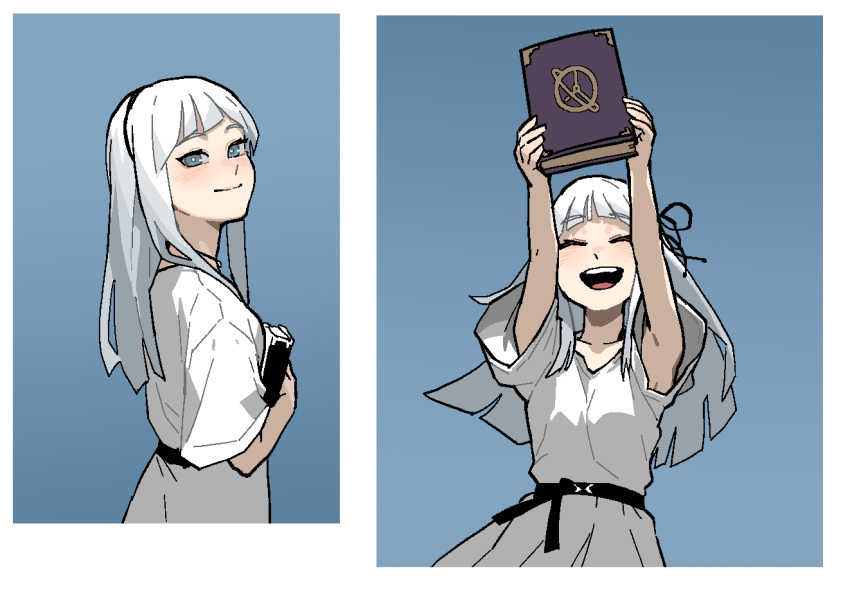 1girl, :d, black_ribbon, black_sash, blue_background, blue_eyes, blush, book