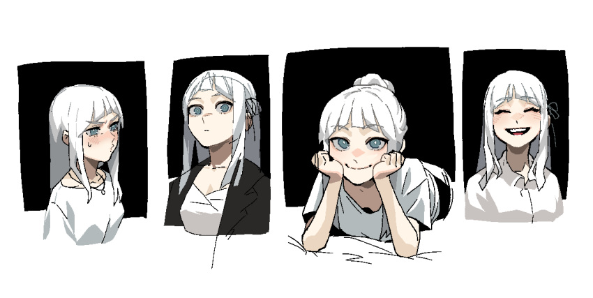 1girl, :d, bangs, black_jacket, black_ribbon, blue_eyes, blunt_bangs, blush