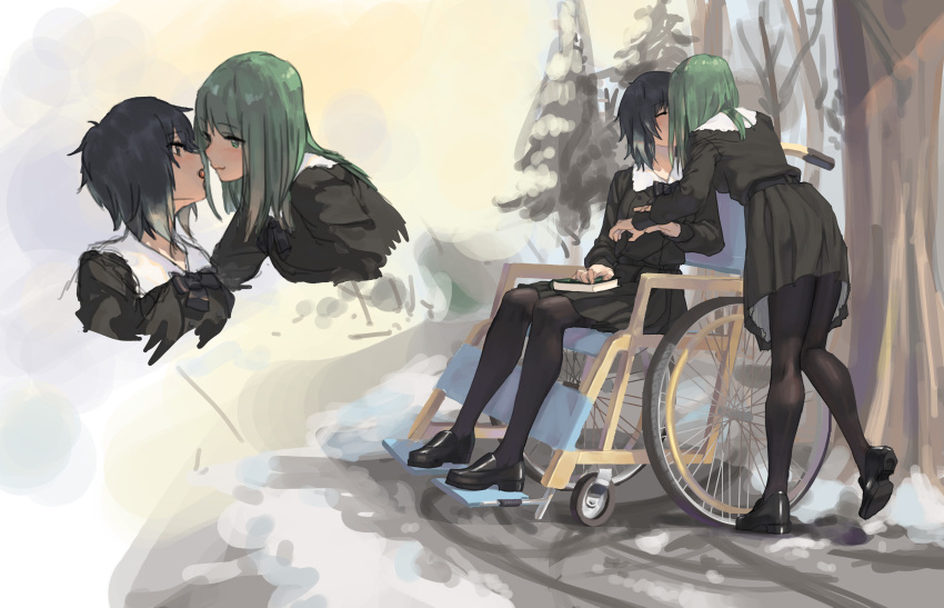 2girls, absurdres, bangs, black_blouse, black_footwear, black_hair, black_legwear, black_neckwear