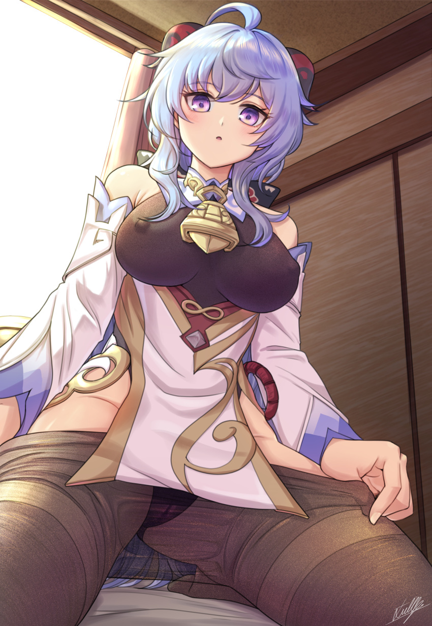 1girl, absurdres, bare_shoulders, blue_hair, breasts, covered_nipples, ganyu_(genshin_impact), genshin_impact