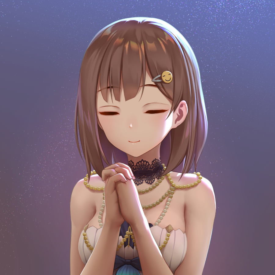 1girl, artist_request, blue_bow, bow, brown_hair, choker, clenched_hands, closed_eyes