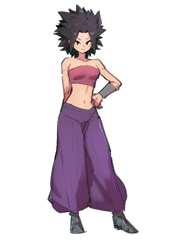 1girl, arm_at_side, baggy_pants, bangs, black_eyes, black_footwear, black_hair, breasts, caulifla, clenched_hand, closed_mouth, contrapposto, dot_nose, dragon_ball, dragon_ball_super, full_body, hand_on_hip, kemachiku, looking_at_viewer, medium_breasts, midriff, navel, pants, parted_bangs, pink_tubetop, purple_pants, shoes, short_hair, simple_background, smile, solo, standing, strapless, tsurime, tubetop, white_background, wristband