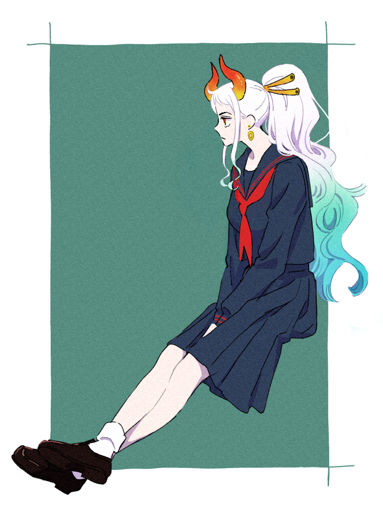 1girl, against_wall, alternate_costume, blue_shirt, blue_skirt, breasts, brown_footwear, closed_mouth, commentary, contemporary, crossed_legs, curled_horns, earrings, expressionless, from_side, full_body, gradient_hair, grey_background, hair_ornament, hair_stick, hands_on_lap, hands_together, horns, jewelry, leaning, legs_together, light_blue_hair, loafers, long_hair, medium_breasts, miniskirt, multicolored_hair, one_piece, pleated_skirt, ponytail, profile, red_eyes, red_neckwear, sailor_collar, school_uniform, serafuku, shirt, shoes, sidelocks, silver_hair, skirt, socks, solo, standing, taro_(honyarara00), two-tone_hair, wavy_hair, white_legwear, yamato_(one_piece)