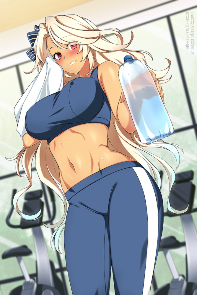 1girl, azur_lane, blonde_hair, blue_pants, blue_sports_bra, blush, bottle, bow