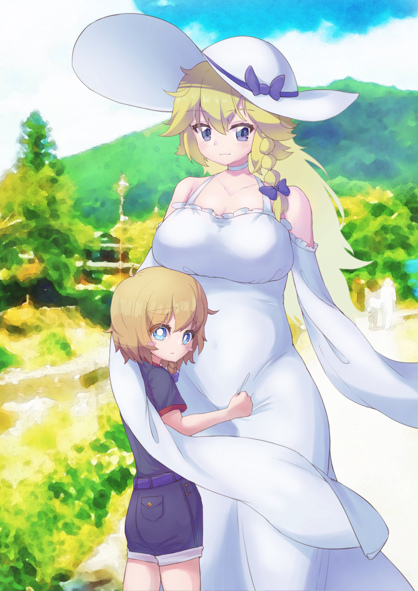 2girls, absurdres, alternate_costume, bangs, black_eyes, black_shirt, black_shorts, blue_eyes