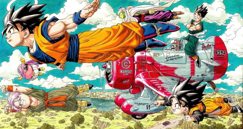 6+boys, :p, aircraft, airplane, ankle_boots, arms_at_sides, baggy_pants, bangs, black_eyes, black_footwear, black_hair, blue_eyes, blue_footwear, blue_sky, blue_wristband, boots, brothers, bush, cape, capsule_corp, car, clenched_hands, clenched_teeth, clouds, cloudy_sky, colored_skin, crossed_arms, day, dougi, dragon_ball, dragon_ball_z, facial_hair, father_and_son, fingernails, flying, gloves, goggles, grass, grin, ground_vehicle, halo, helmet, hill, horizon, lake, long_sleeves, looking_afar, majin_buu, male_focus, motor_vehicle, mountain, mountainous_horizon, mr._satan, multiple_boys, muscular, muscular_male, mustache, orange_wristband, outdoors, outstretched_arm, outstretched_arms, pants, pectorals, piccolo, pilot_helmet, pink_skin, purple_cape, purple_hair, road, rope, shoes, siblings, sitting, sky, smile, son_gohan, son_goku, son_goten, spiky_hair, teeth, tongue, tongue_out, toriyama_akira, tree, trunks_(dragon_ball), upper_teeth, water, wristband, yellow_footwear, yellow_gloves