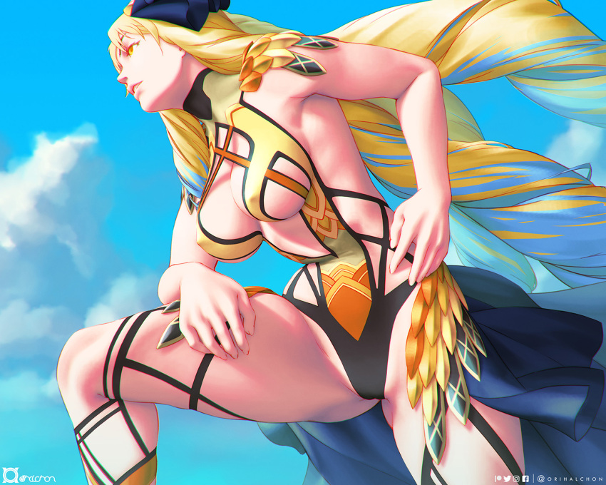1girl, artist_name, astraea_(fate), blonde_hair, bow, breasts, drill_hair, fate/grand_order