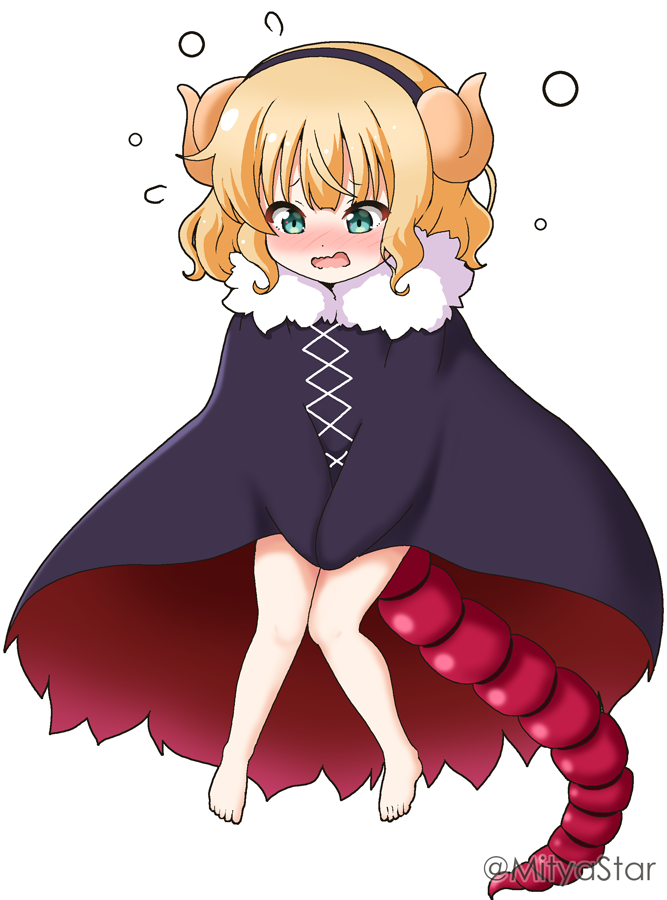 1girl, barefoot, black_cloak, black_hairband, blonde_hair, blush, cloak, commentary_request