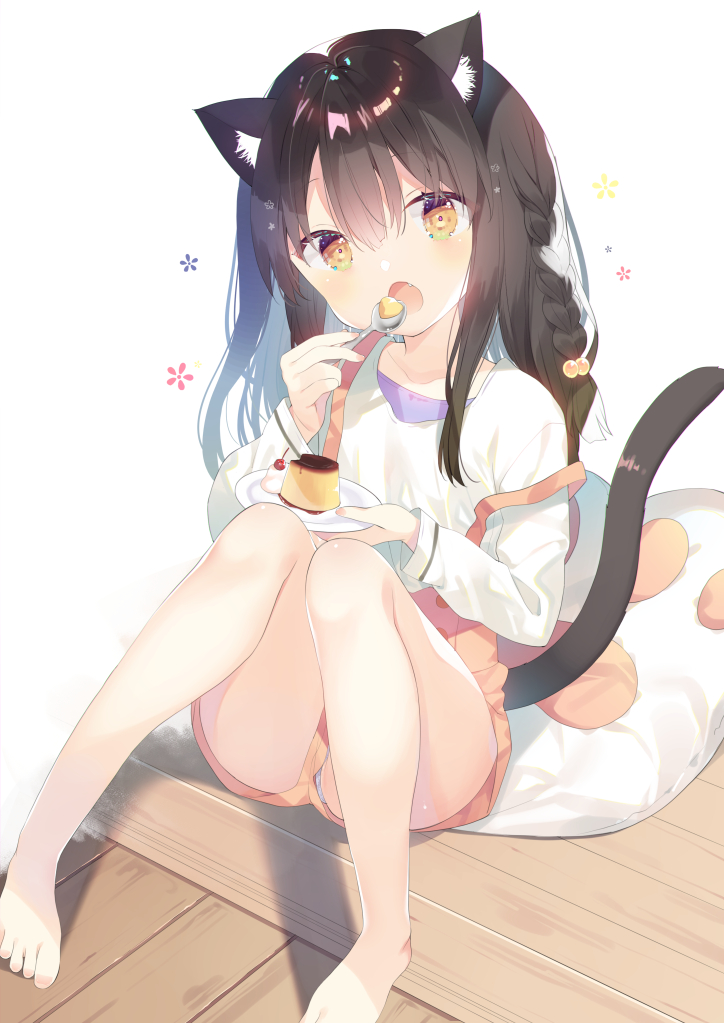 1girl, :o, animal_ear_fluff, animal_ears, bangs, barefoot, black_hair, blush