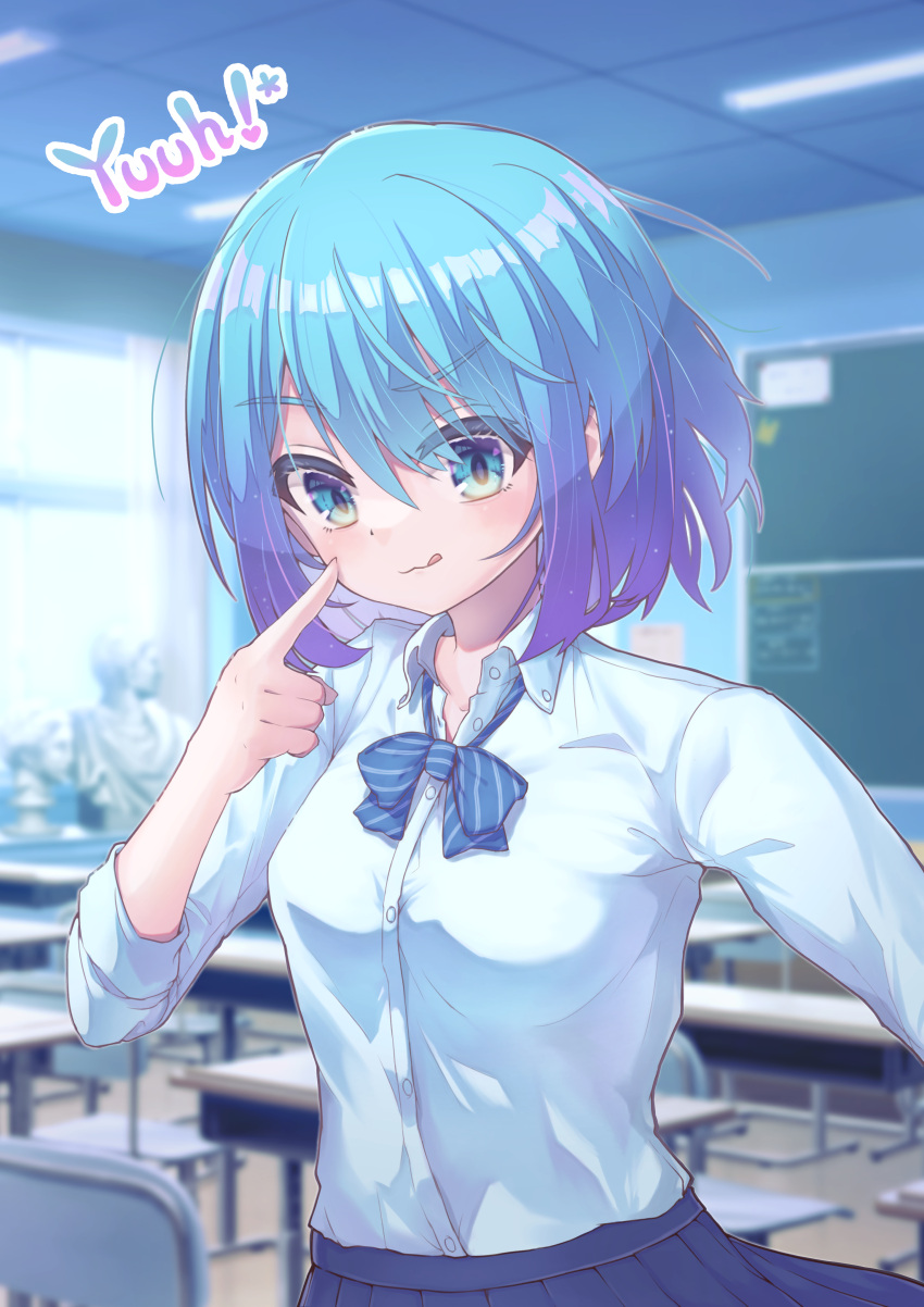1girl, :q, absurdres, bangs, blue_bow, blue_eyes, blue_hair, blue_skirt, bow, bowtie, breasts, bust_(sculpture), character_name, classroom, closed_mouth, collared_shirt, commentary_request, cookie_(touhou), desk, eyebrows_visible_through_hair, gradient_hair, hair_between_eyes, highres, kitsune_kemono, looking_at_viewer, medium_breasts, multicolored_hair, purple_hair, shirt, shirt_tucked_in, short_hair, skirt, smile, solo, striped, striped_neckwear, tongue, tongue_out, upper_body, white_shirt, yuuhi_(cookie)