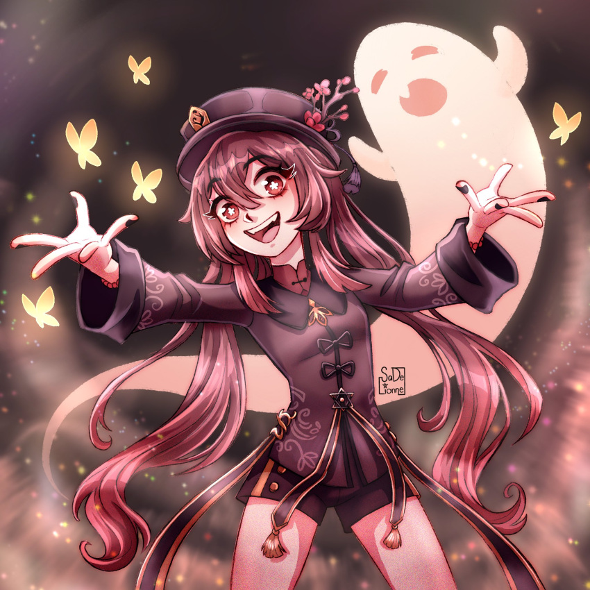 1girl, :d, absurdly_long_hair, bangs, black_nails, black_shorts, brown_hair, bug