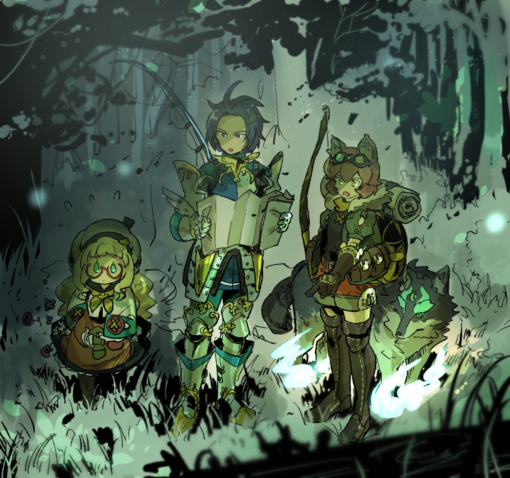 1girl, 2boys, animal_ears, blonde_hair, blue_eyes, blue_hair, boots, bow_(weapon)