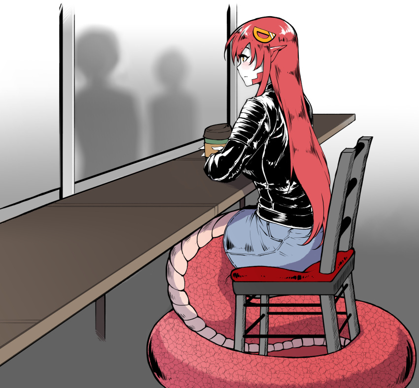 1girl, absurdres, chair, closed_mouth, commission, commissioner_upload, cup, denim