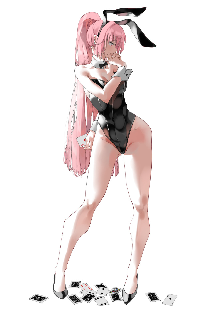1girl, animal_ears, ass_visible_through_thighs, bare_legs, bare_shoulders, bow, bowtie, card