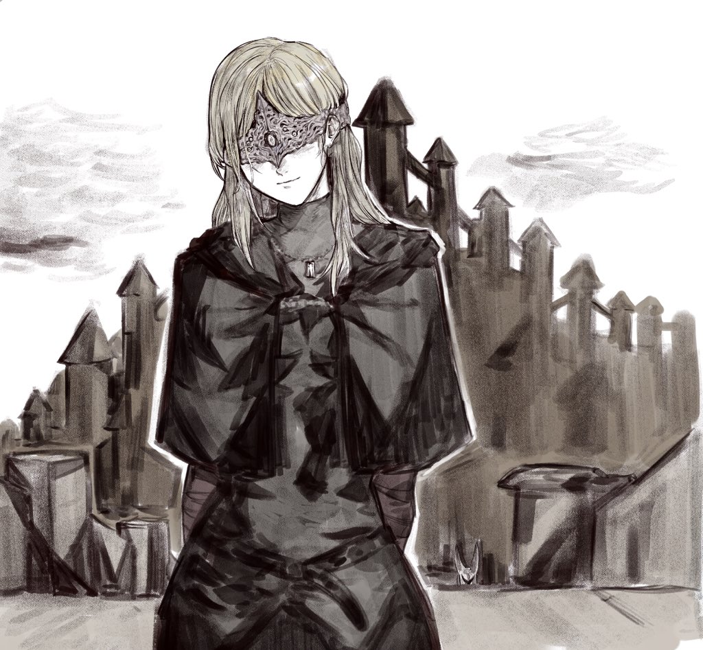 1girl, arms_behind_back, blindfold, blonde_hair, cloak, covered_eyes, dark_souls_(series), dark_souls_iii