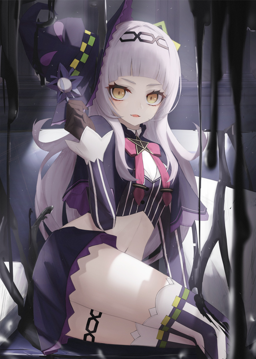 1girl, absurdres, bangs, black_capelet, black_gloves, black_headwear, black_shirt, black_skirt