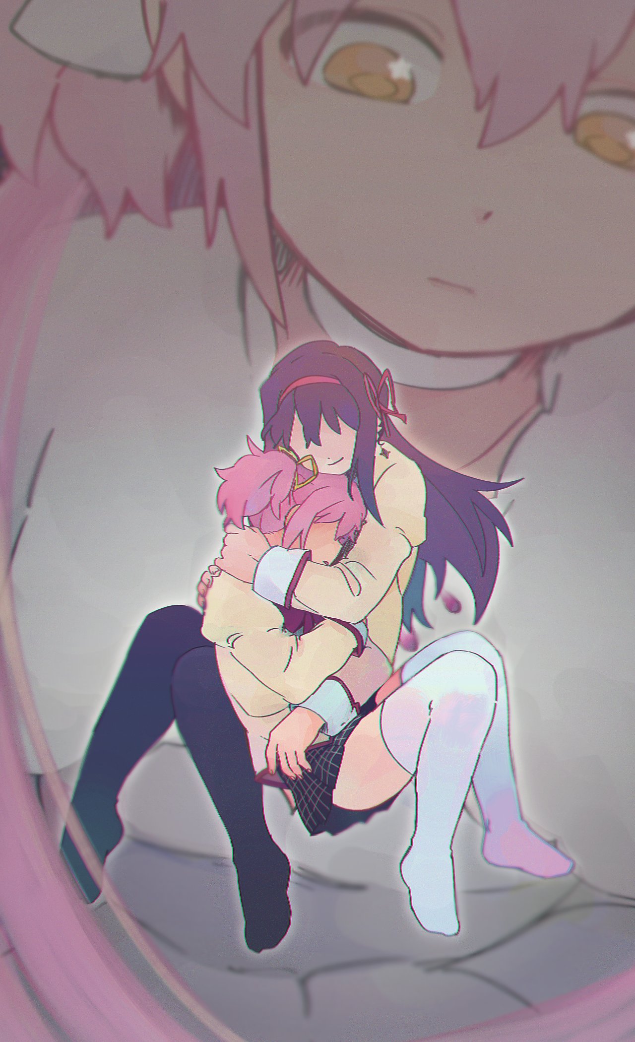 3girls, 89_(_26_mmm_), absurdly_long_hair, akemi_homura, arms_around_neck, black_hair, black_legwear, black_skirt, blurry, blurry_background, border, choker, commentary_request, crossed_arms, dot_nose, earrings, evil_smile, eyes_visible_through_hair, giant, giantess, goddess_madoka, hand_on_another's_shoulder, highres, hug, jewelry, juliet_sleeves, kaname_madoka, knees_together_feet_apart, korean_commentary, leaning_forward, long_hair, long_sleeves, looking_at_another, looking_down, mahou_shoujo_madoka_magica, mahou_shoujo_madoka_magica_movie, mitakihara_school_uniform, multiple_girls, no_eyes, no_shoes, pantyhose, parted_lips, pink_hair, plaid, plaid_skirt, puffy_sleeves, ribbon, school_uniform, single_earring, size_difference, skirt, smile, star_(symbol), star_in_eye, symbol_in_eye, thigh-highs, twintails, unconscious, very_long_hair, white_border, white_choker, white_legwear, yellow_eyes, yellow_ribbon, yuri