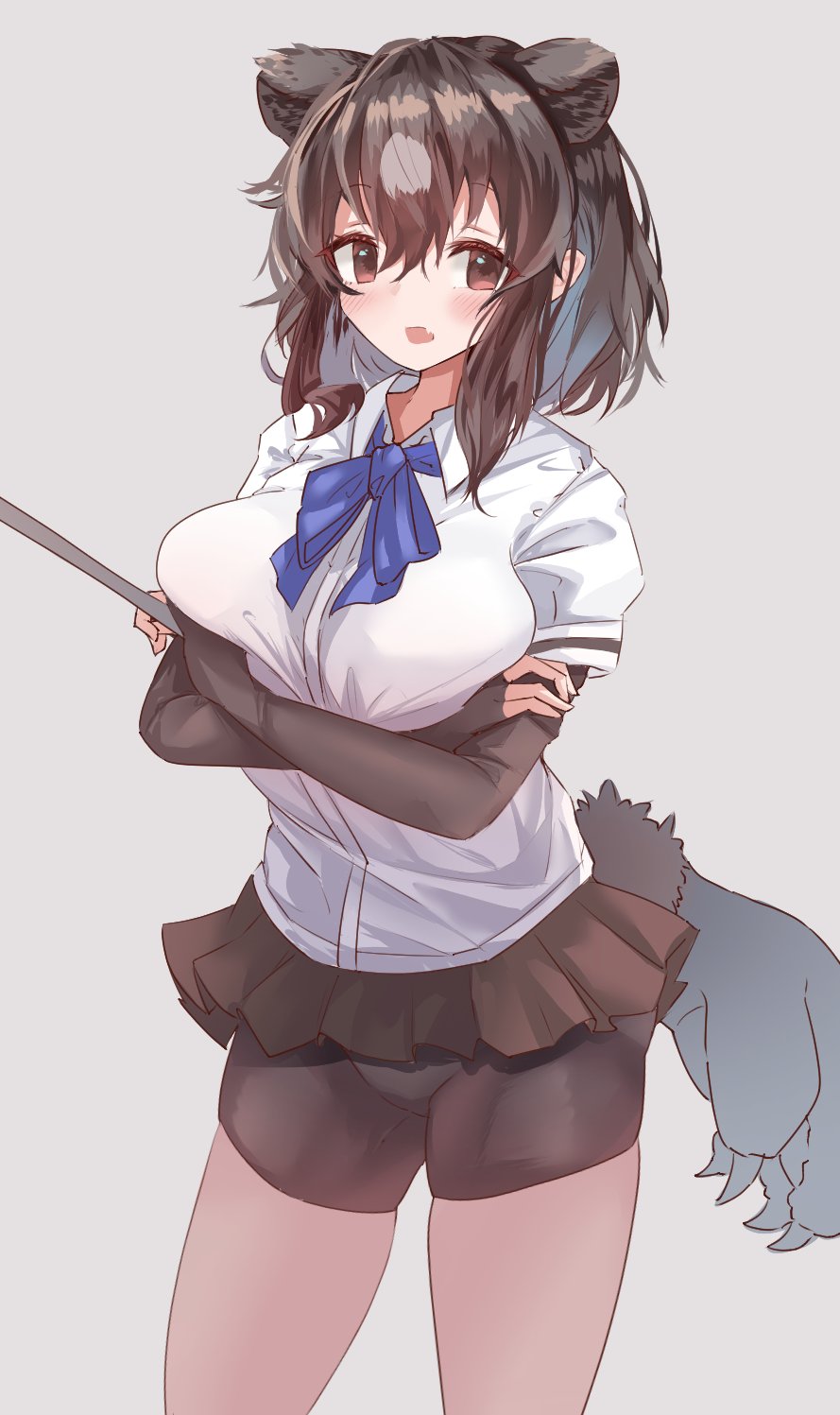 1girl, animal_ears, arms_under_breasts, bangs, bear_ears, bear_girl, bear_paw_hammer, bear_tail