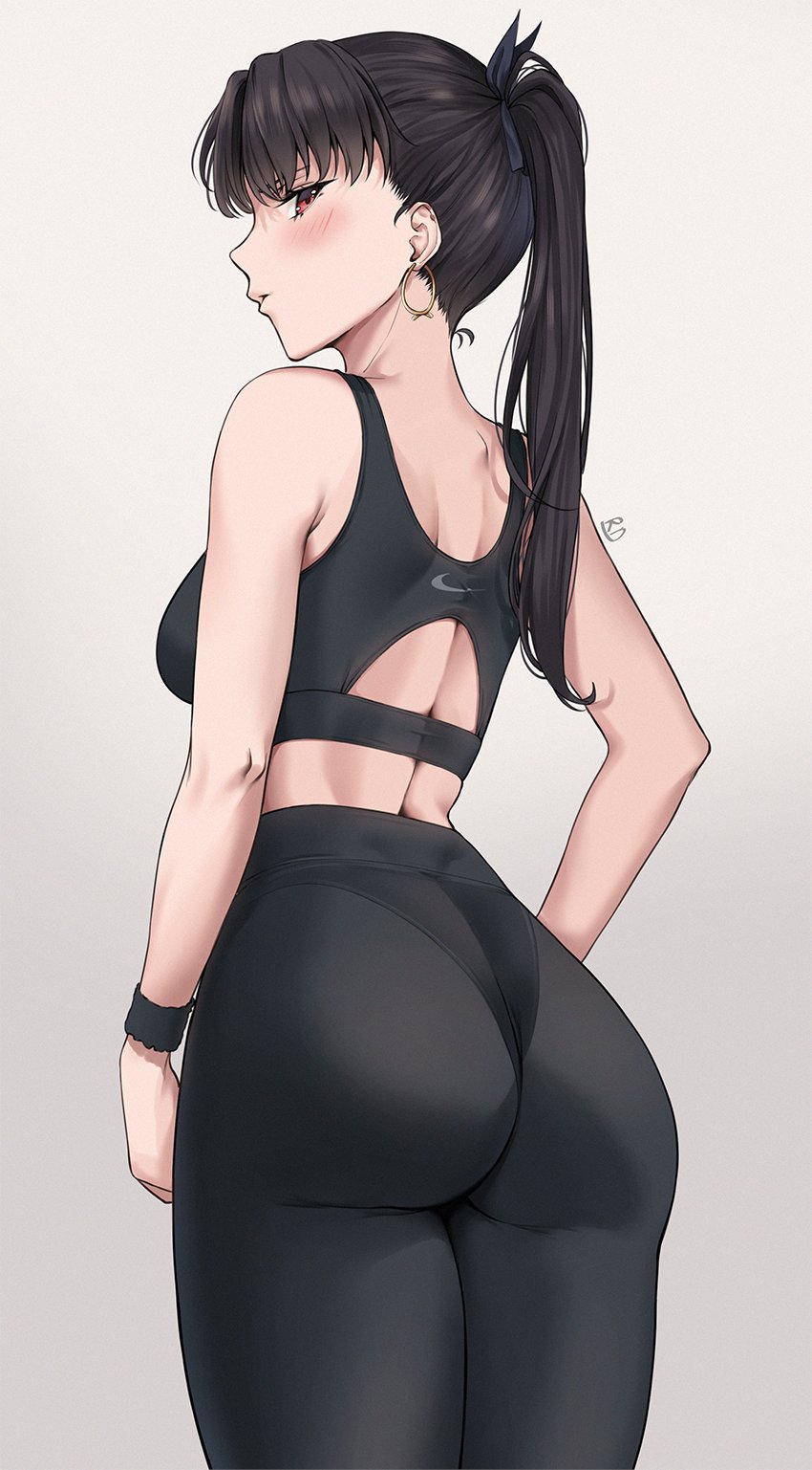 1girl, alternate_costume, ass, black_hair, black_ribbon, blush, breasts, cowboy_shot