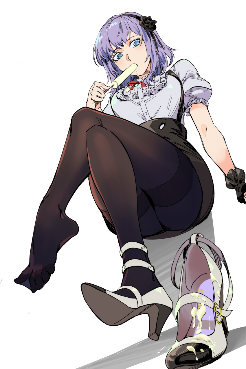 1girl, absurdres, black_hairband, black_skirt, blue_eyes, bob_cut, crossed_legs, dagashi_kashi