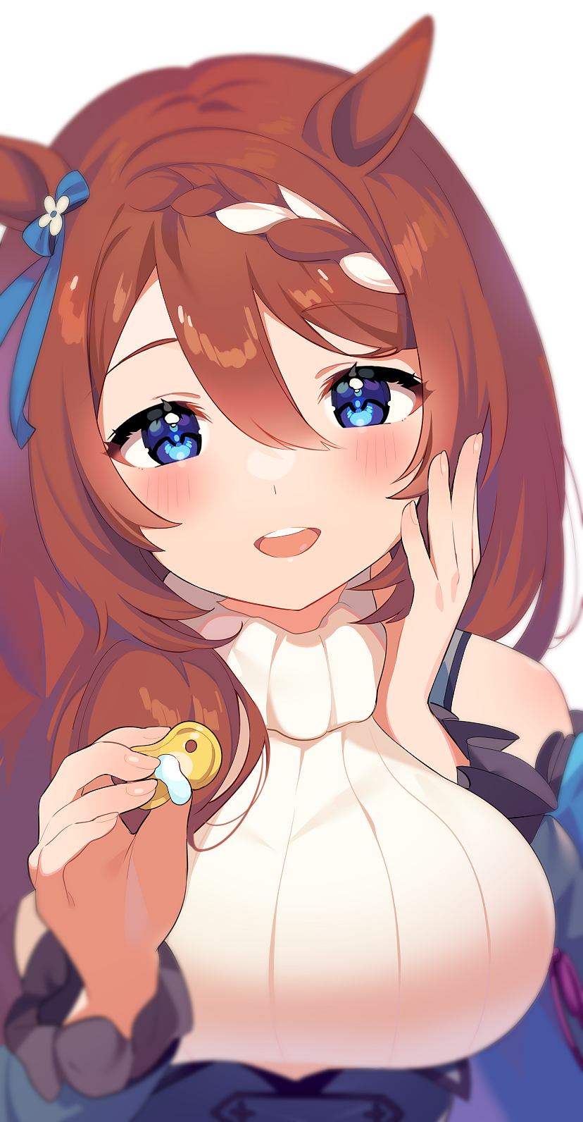 1girl, :d, blue_eyes, blue_ribbon, blush, braid, breasts, fingernails, hair_between_eyes, hair_ribbon, hand_on_own_cheek, hand_on_own_face, hand_up, head_tilt, highres, holding_pacifier, inuyama_nanami, large_breasts, long_hair, looking_at_viewer, open_mouth, ribbed_sweater, ribbon, round_teeth, simple_background, smile, solo, super_creek_(umamusume), sweater, teeth, umamusume, upper_body, upper_teeth, white_background, white_sweater