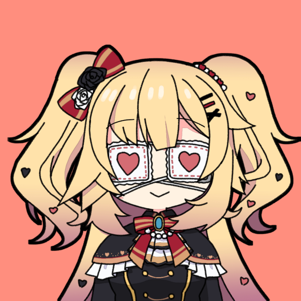 1girl, :>, akai_haato, bangs, black_outline, blonde_hair, bow, bowtie