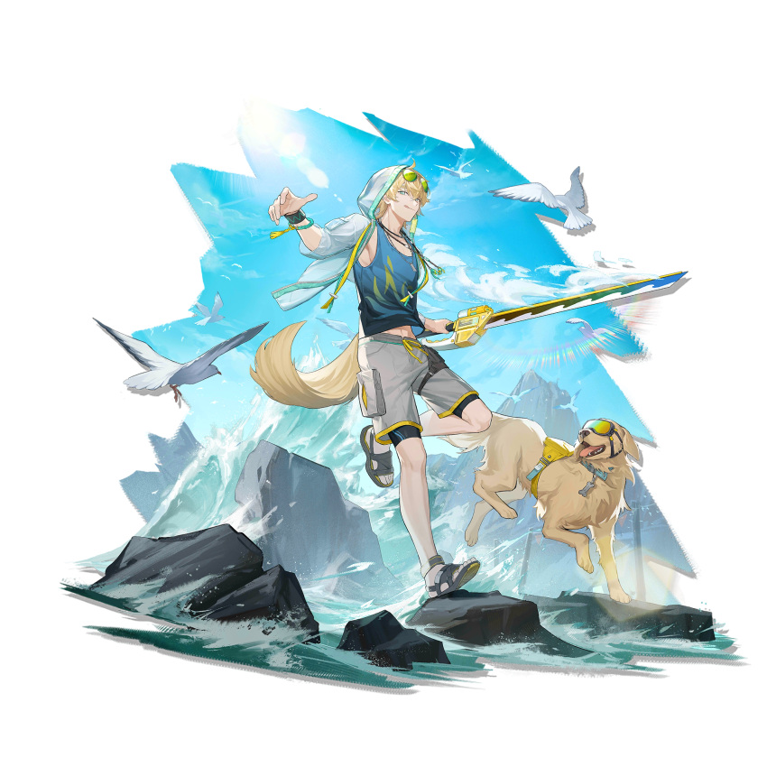 1boy, :q, ahoge, animal_ears, arknights, bangs, bird, blonde_hair, blue_eyes, blue_sky, blue_tank_top, clouds, day, dog, dog_ears, dog_tail, elite_ii_(arknights), eyewear_on_head, full_body, hair_between_eyes, highres, holding, holding_sword, holding_weapon, hood, hooded_jacket, jacket, jewelry, kang_yiqian_(self_cultivation), long_sleeves, looking_at_viewer, male_focus, necklace, official_art, open_clothes, open_jacket, outdoors, rock, sandals, short_hair, shorts, sky, smile, sunglasses, sword, tail, tank_top, tequila_(arknights), tongue, tongue_out, transparent_background, weapon, white_jacket, white_shorts