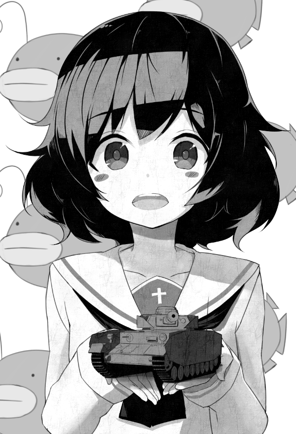 1girl, akiyama_yukari, anglerfish, bangs, blouse, blush_stickers, commentary, emblem, eyebrows_visible_through_hair, girls_und_panzer, greyscale, holding, long_sleeves, looking_at_viewer, messy_hair, model_tank, monochrome, neckerchief, ooarai_school_uniform, open_mouth, sailor_collar, school_uniform, serafuku, short_hair, smile, solo, tsuru_(tsubasa1993621), upper_body