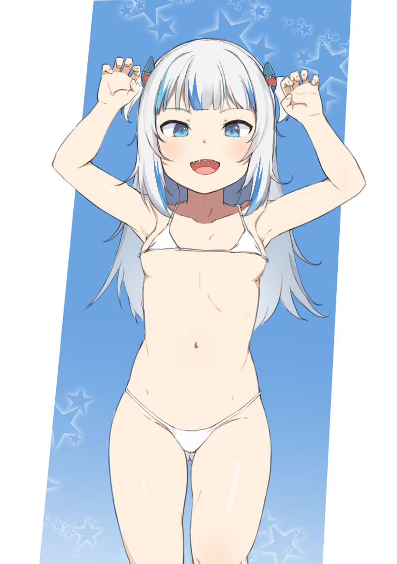 1girl, armpits, arms_up, ass_visible_through_thighs, bikini, blue_background, blue_eyes, breasts, claw_pose, gawr_gura, groin, hololive, hololive_english, kachobi_(user_atuh5854), long_hair, lowleg, lowleg_bikini, navel, open_mouth, revision, sharp_teeth, silver_hair, simple_background, small_breasts, smile, solo, swimsuit, teeth, thighs, two_side_up, virtual_youtuber, white_bikini