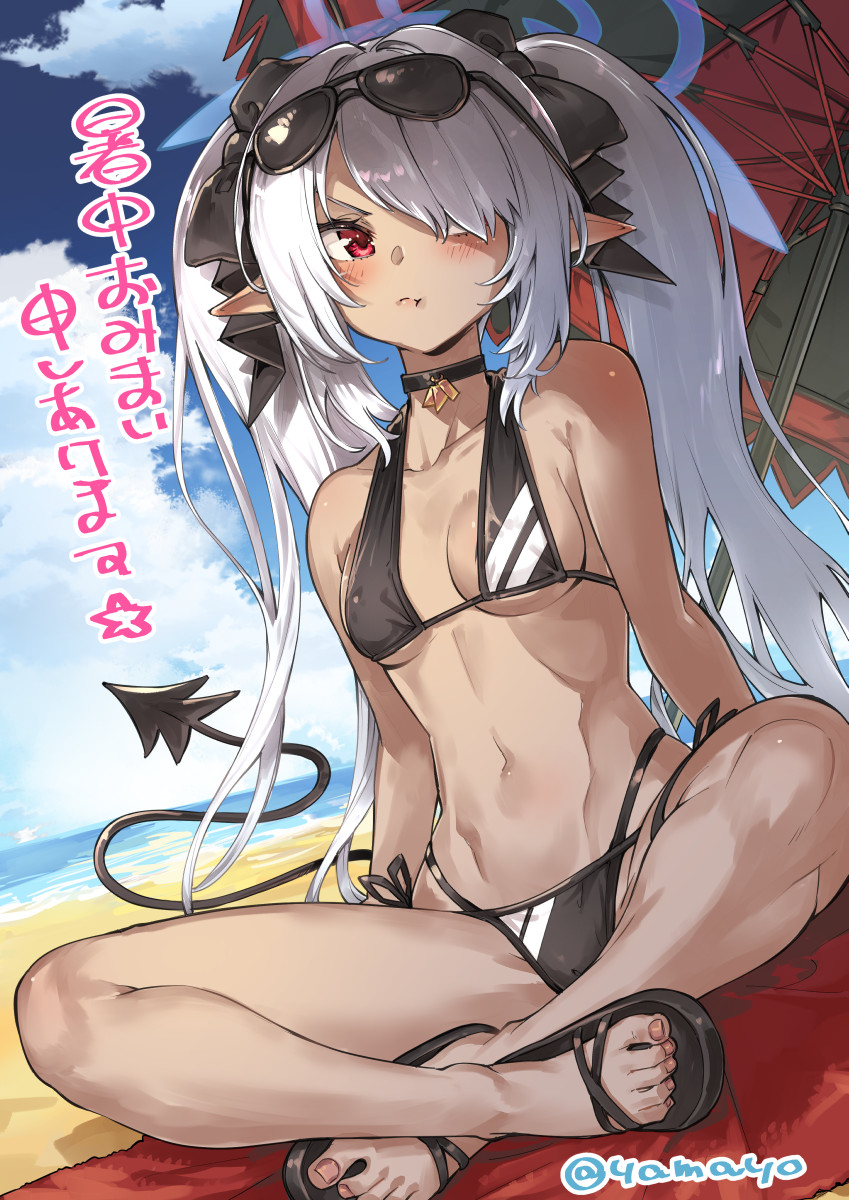 1girl, :t, bangs, beach, beach_towel, beach_umbrella, bikini, black_bikini