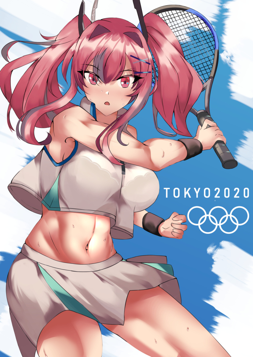 1girl, 2020_summer_olympics, azur_lane, bangs, bare_shoulders, blue_background, bralines, breasts