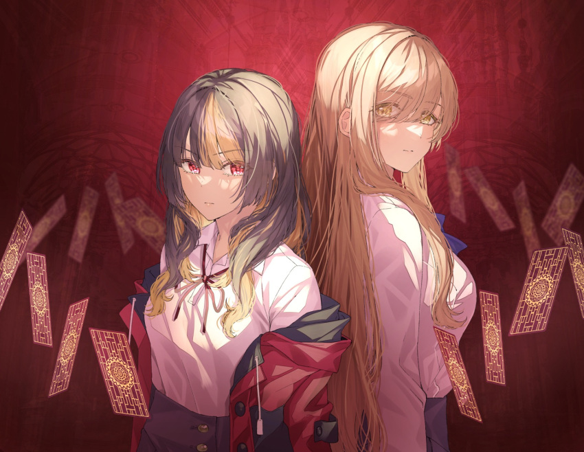 2girls, bangs, blonde_hair, blue_neckwear, brown_hair, character_request, closed_mouth, commentary_request