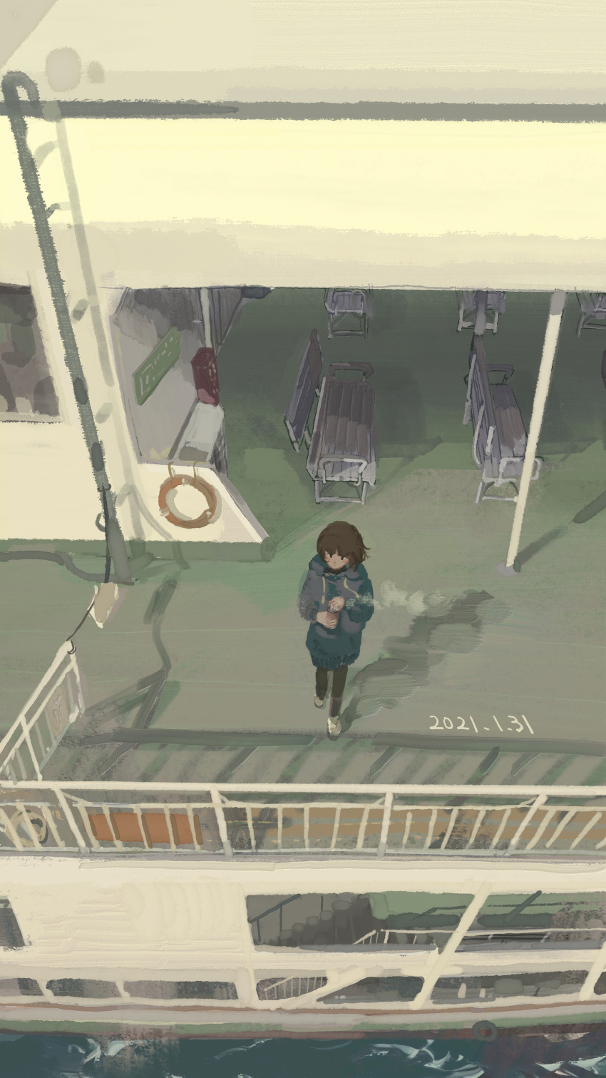 1girl, absurdres, bench, black_legwear, blue_coat, coat, commentary_request, dated
