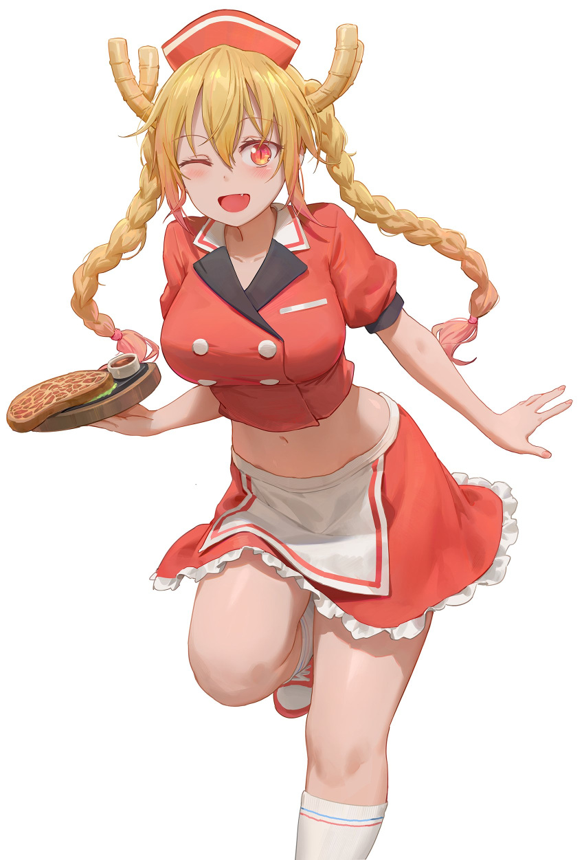 1girl, ;d, absurdres, alternate_costume, alternate_hairstyle, blonde_hair, braid, breasts