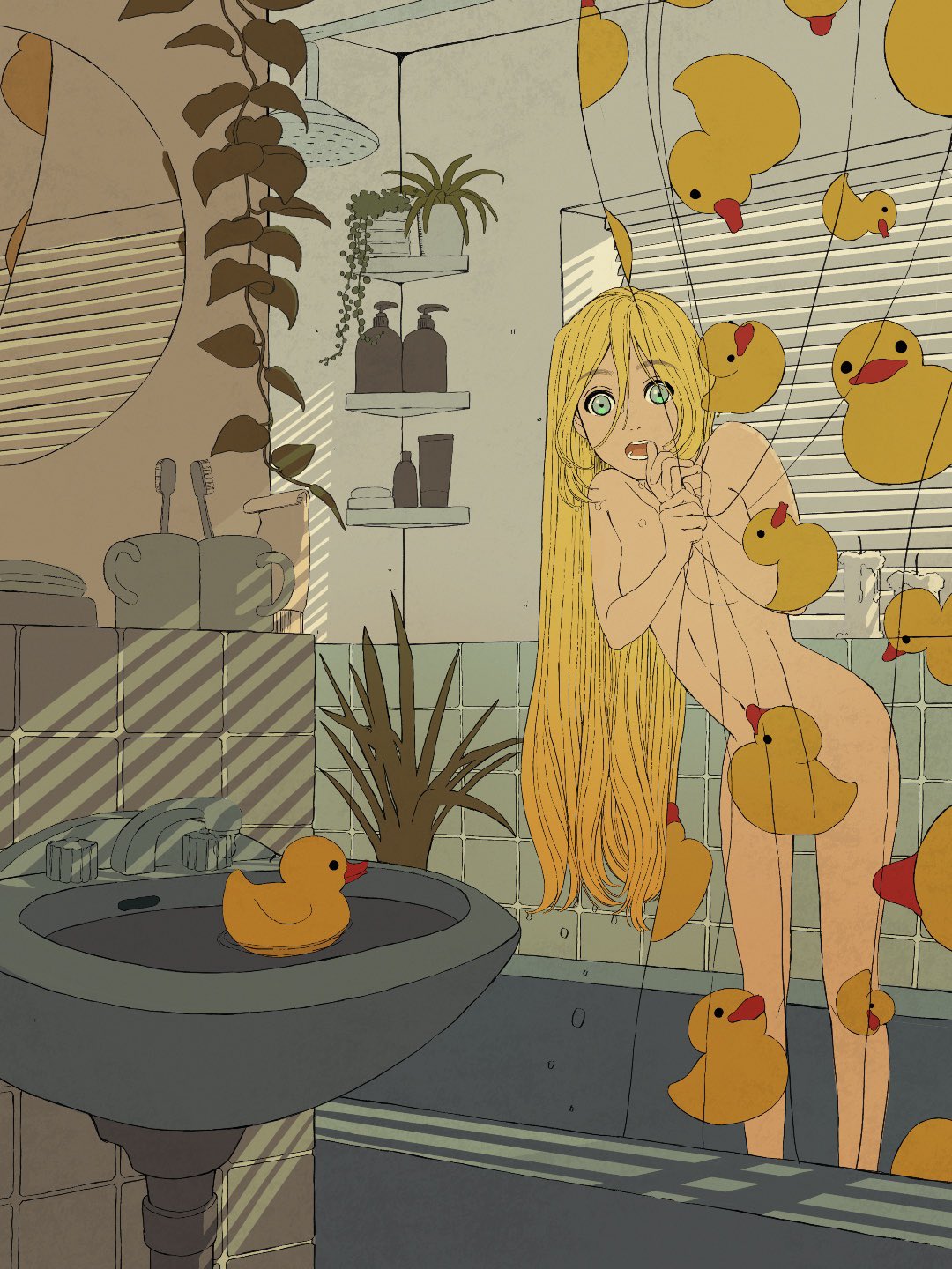 1girl, aqua_eyes, blonde_hair, breasts, convenient_censoring, covering, covering_breasts, eyebrows_visible_through_hair, hair_between_eyes, highres, i_do_anime, indoors, leaf, leaning_forward, long_hair, mirror, nude, open_mouth, original, plant, potted_plant, rubber_duck, shadow, shelf, shower_curtain, sink, small_breasts, solo, standing, tile_wall, tiles, very_long_hair