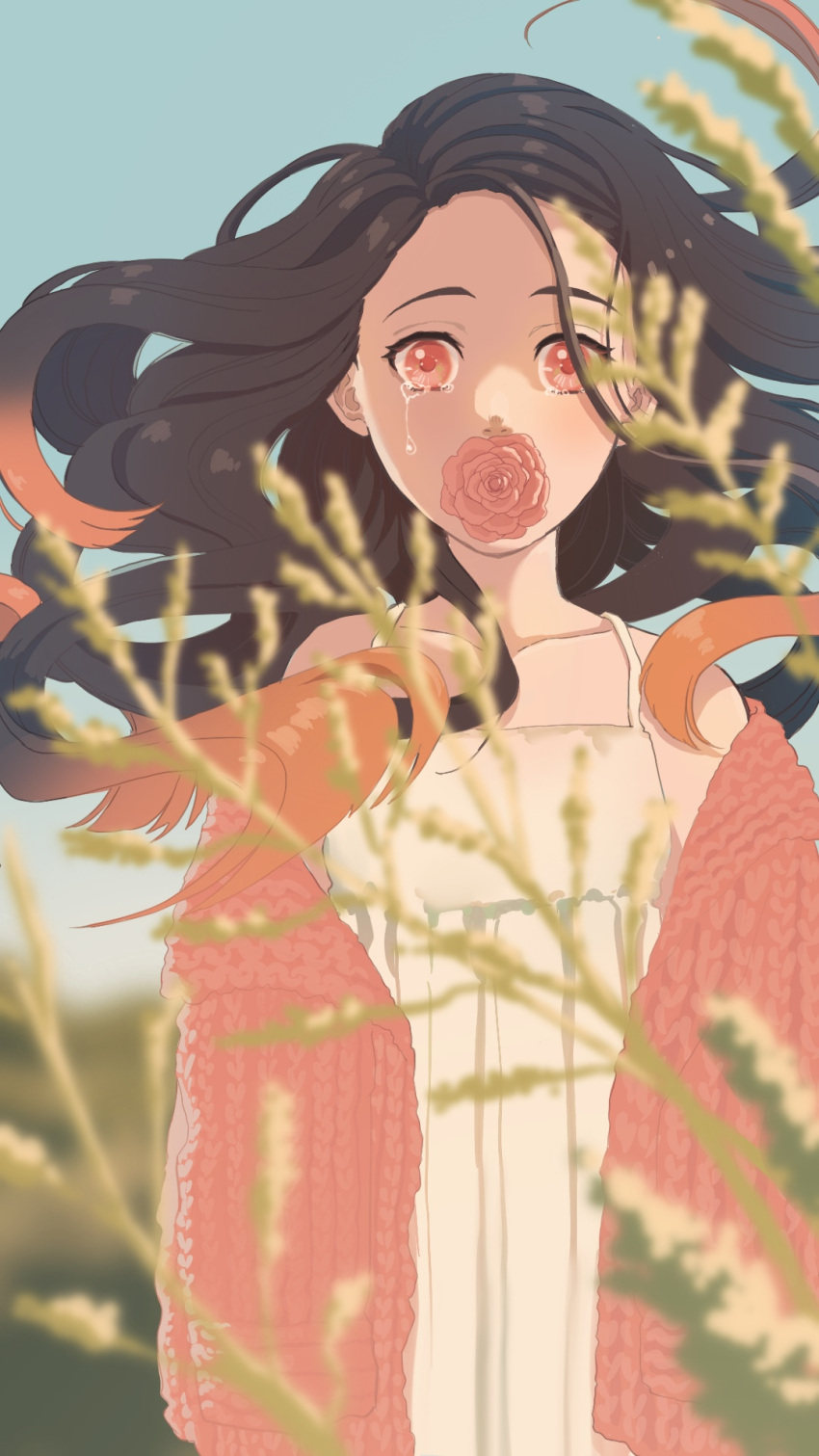 1girl, black_hair, blurry, blurry_foreground, camisole, covered_mouth, floating_hair, flower