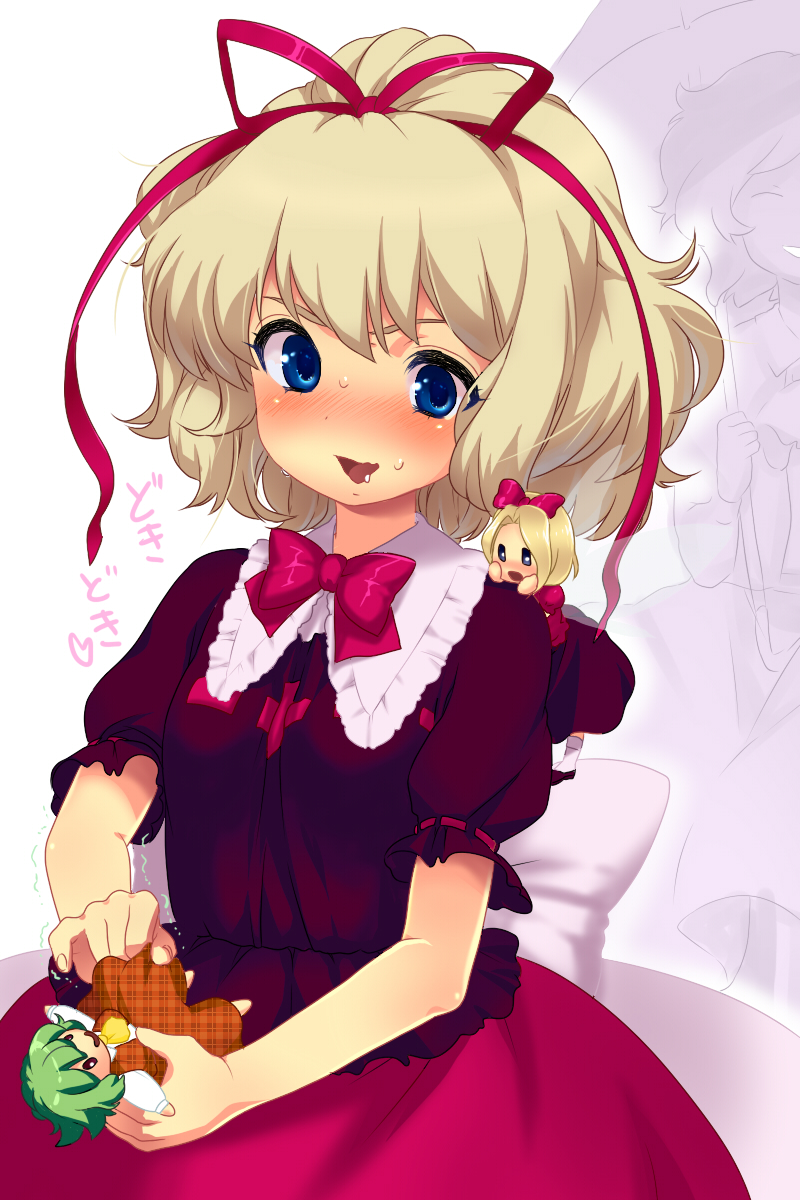 blush, castella, character_doll, closed_eyes, doll, dress, green_hair, hair_ribbon