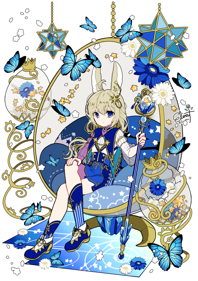 animal_ears, blonde_hair, blue_eyes, blue_flower, bug, bunny_day, butterfly, capelet