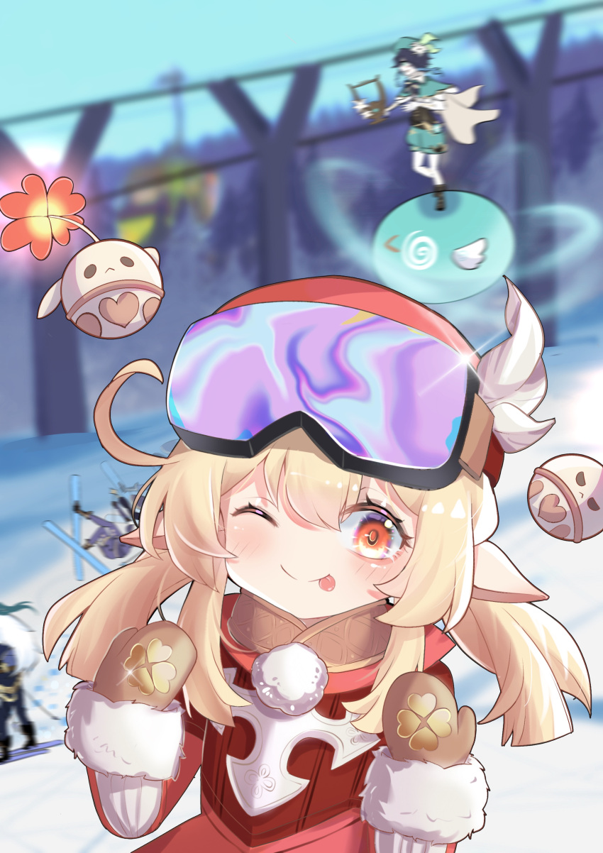 2boys, 2girls, :d, ;p, absurdres, adapted_costume, ahoge, alternate_costume