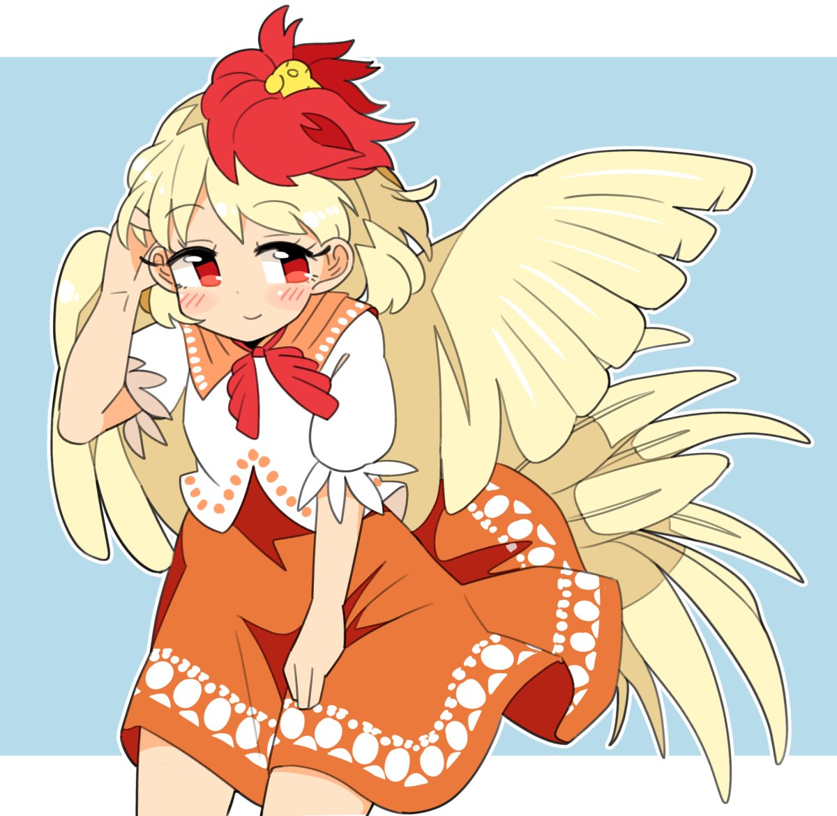 1girl, animal_on_head, bangs, bird, bird_on_head, bird_wings, blonde_hair, blue_background