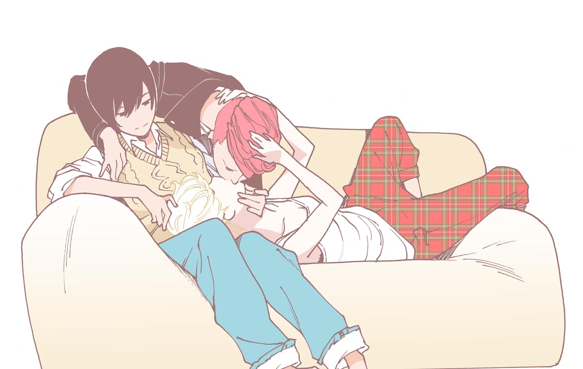 3girls, black_hair, blonde_hair, commentary_request, couch, jacket, kishi_torajirou, kiss, lap_pillow, leather, leather_jacket, looking_at_another, lying, multiple_girls, on_back, on_couch, original, pants, plaid, plaid_pants, polyamory, redhead, short_hair, sitting, tomboy, yuri
