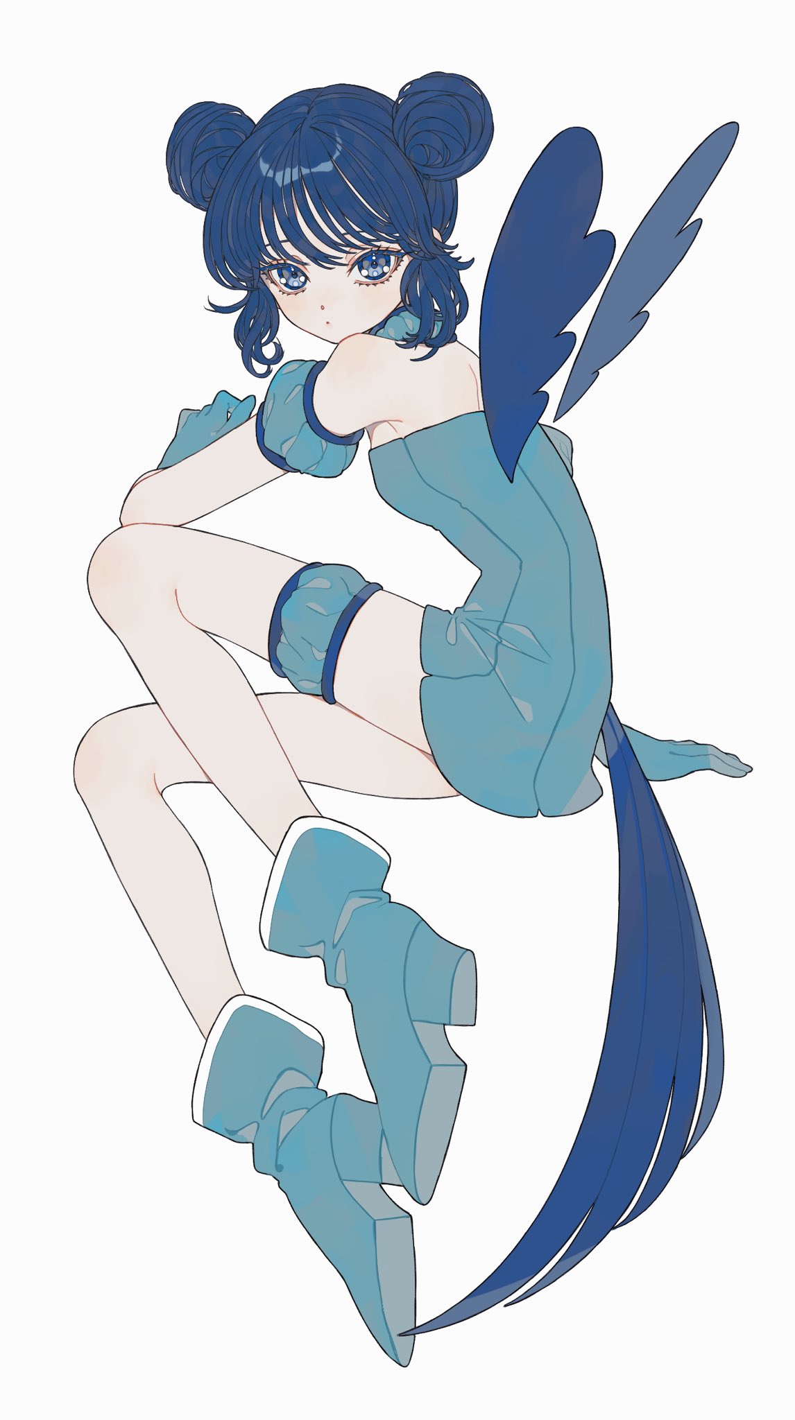 1girl, aizawa_mint, aqua_gloves, asymmetrical_legwear, bangs, bird_tail, blue_eyes, blue_hair