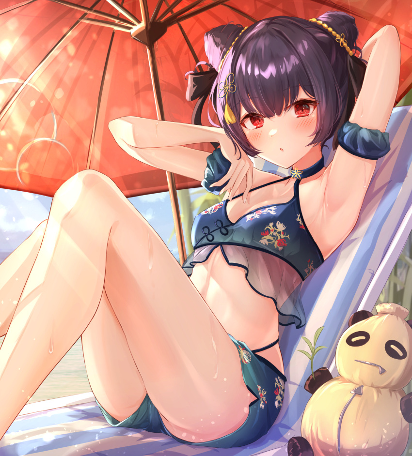 1girl, :o, arm_behind_head, arm_garter, arm_up, armpits, bangs, bare_legs