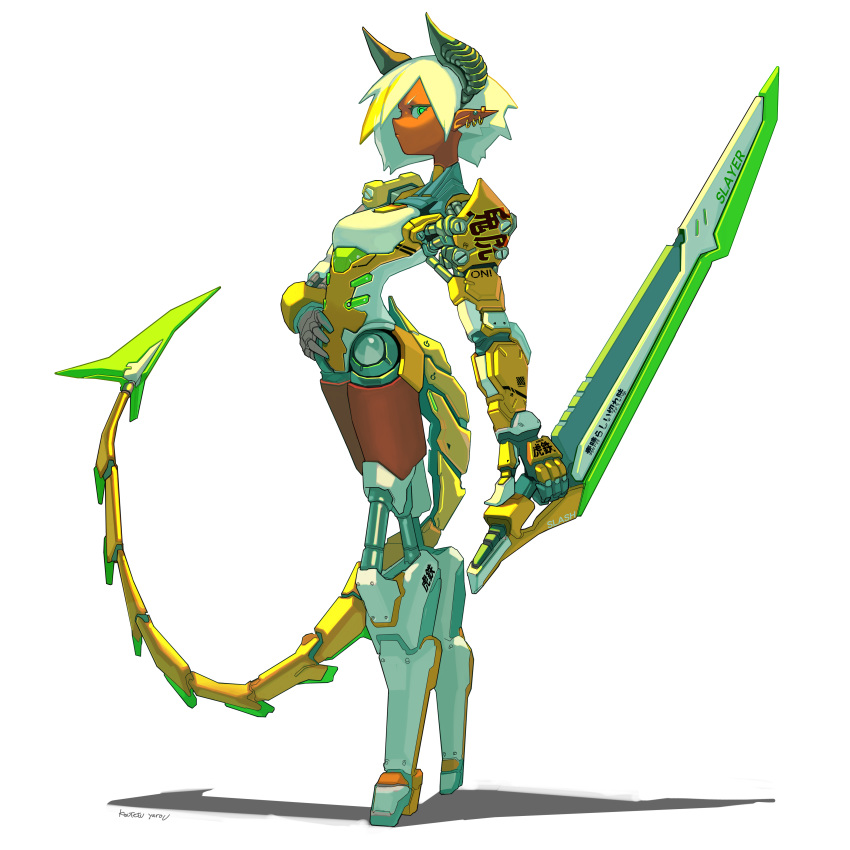 1girl, absurdres, breasts, colored_skin, cyberpunk, cyborg, demon_girl, demon_horns